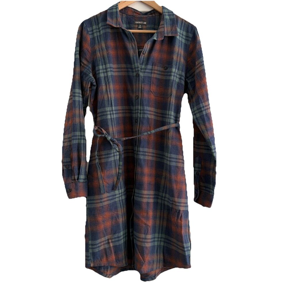 Toad&CO Re-Form Flannel Shirtdress Navy Blue Plaid Button Front Sz Med Casual - Picture 3 of 10